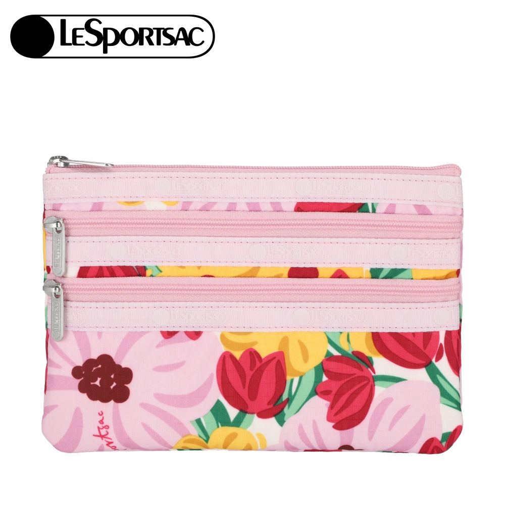 Lesportsac 3-zip Cosmetic 三層拉鍊化妝包 送禮推薦-粉紅花漾, , large