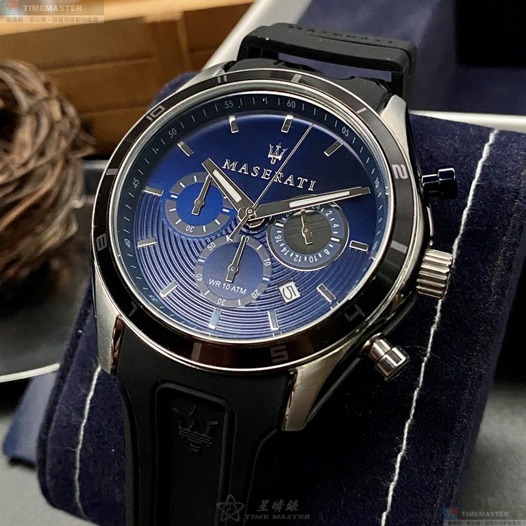 [星晴錶業]MASERATI手錶,44mm,R8871624003寶藍色錶面銀錶殼深黑色矽膠錶帶款