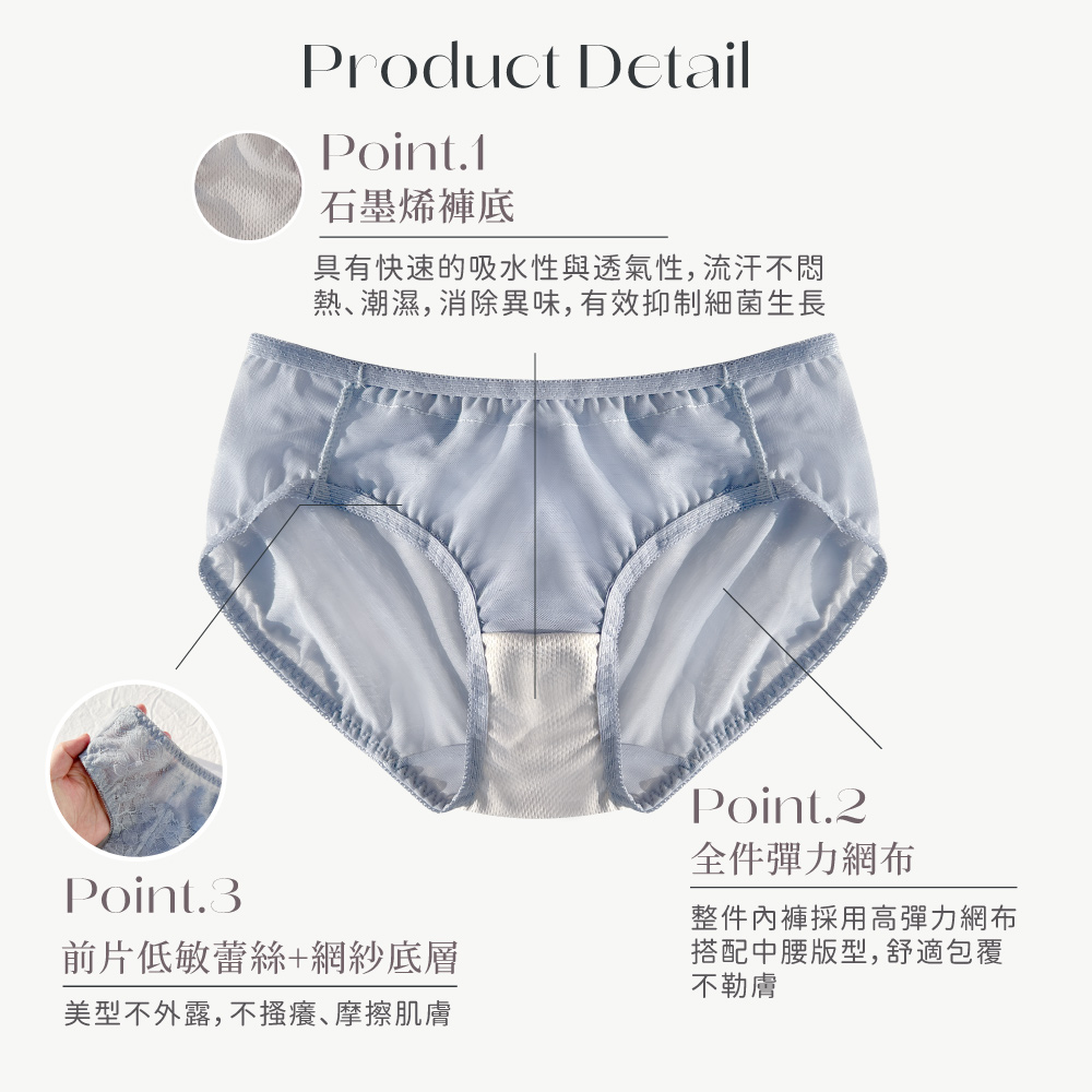 【Clany可蘭霓】戀慕時光 抑菌石墨烯蕾絲中腰M-XL內褲 柔霧藍 3035-52, , large