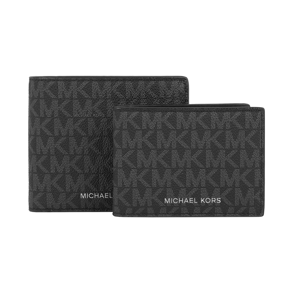 Michael Kors Cooper 銀字滿版塗層帆布附活動式卡夾對開短夾(黑色)