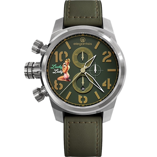elegantsis JF48QS機頭藝術-女郎計時手錶-綠/48mm ELJF48QS-OG03LC, , large