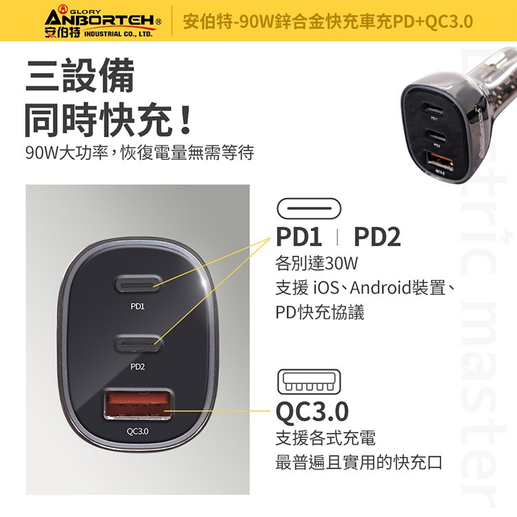 【安伯特】90W鋅合金快充車充PD+QC3.0 (國家認證 一年保固) R3D197, , large