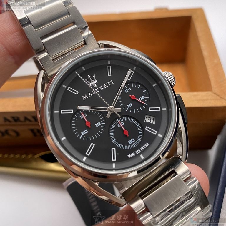 [星晴錶業]MASERATI手錶,42mm,R8873632003黑色錶面銀錶殼銀色精鋼錶帶款, , large