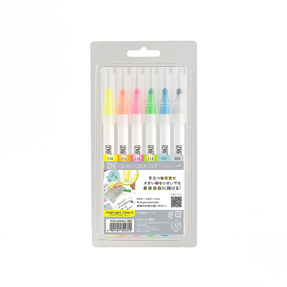 【Kuretake 吳竹】ZIG Clean Color Dot 單頭點點筆 螢光色 六入組 /盒 TCSD-6100-6VC(日本品牌), , large