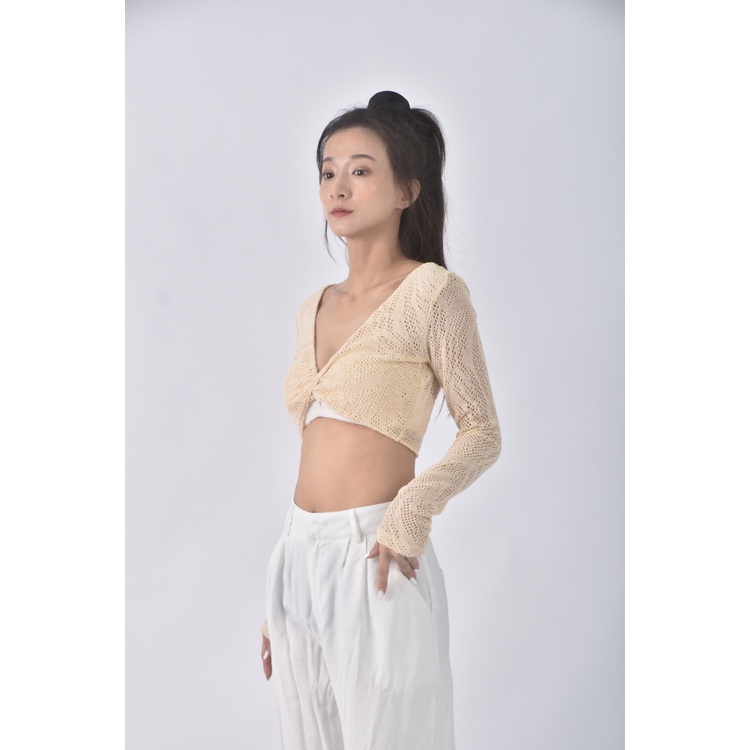 (S) 【安于晴Charlene私服】bershka質感修身短版針織V領杏色長袖上衣二手衣, , large