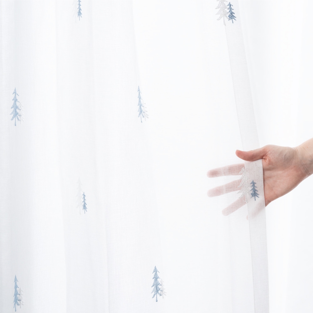 Ready-Made Sheer Curtains – Set of 2 Panels – "Snow Fir" Design – Width 100cm, Height 163/208/238cm – Made in Taiwan – Embroidered – Blue Tones – Machine Washable, , large