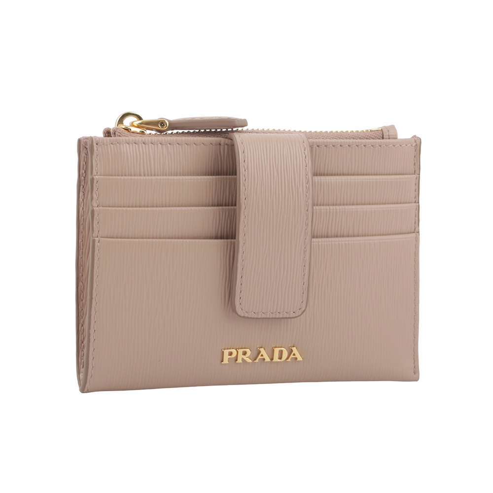 PRADA 金色Logo 水波紋釦式卡夾/拉鍊零錢包/藕粉色, , large