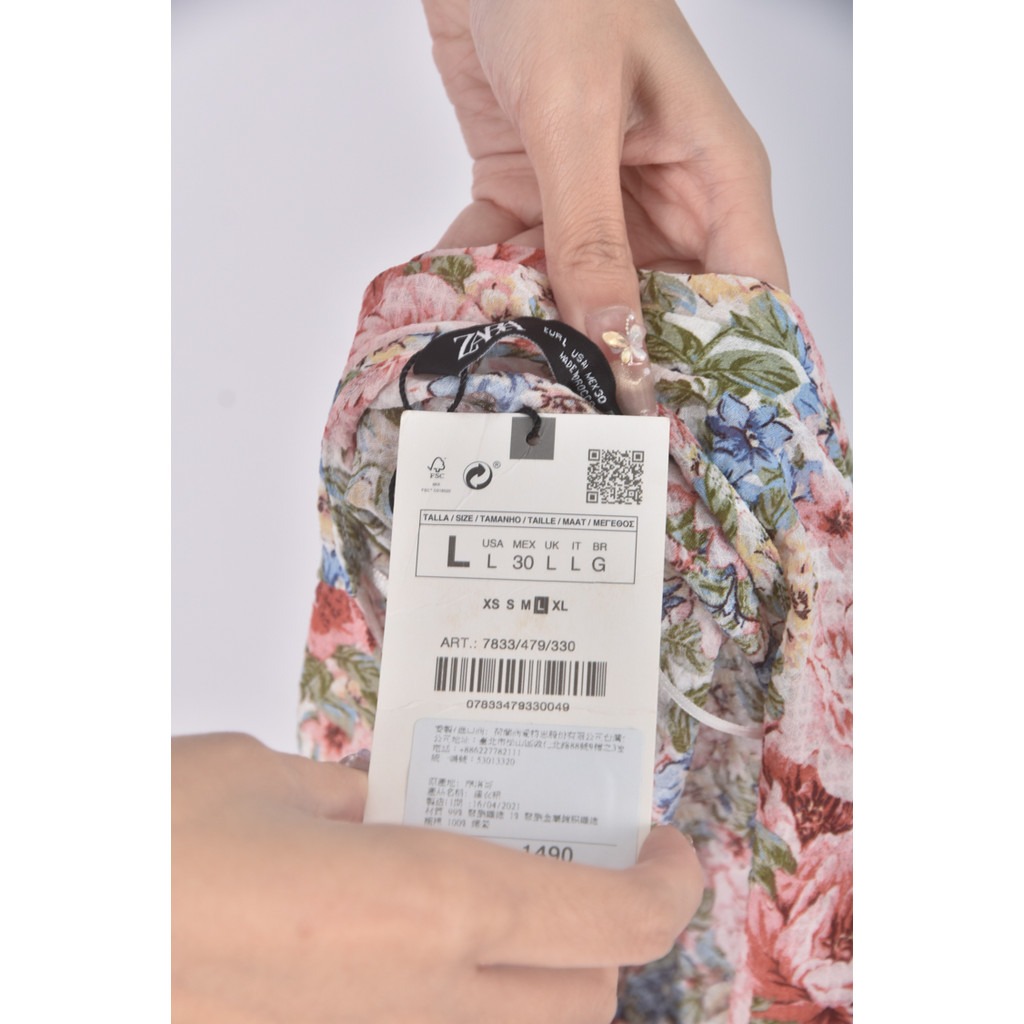 (L) zara質感碎花紡紗V領粉色洋裝二手衣, , large