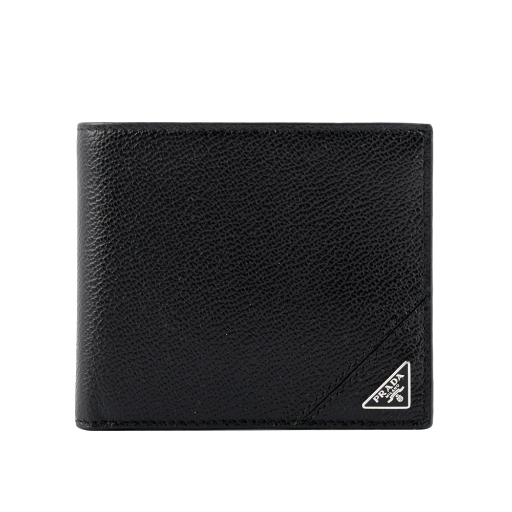 PRADA 三角牌Logo粒紋牛皮對開8卡短夾/黑色