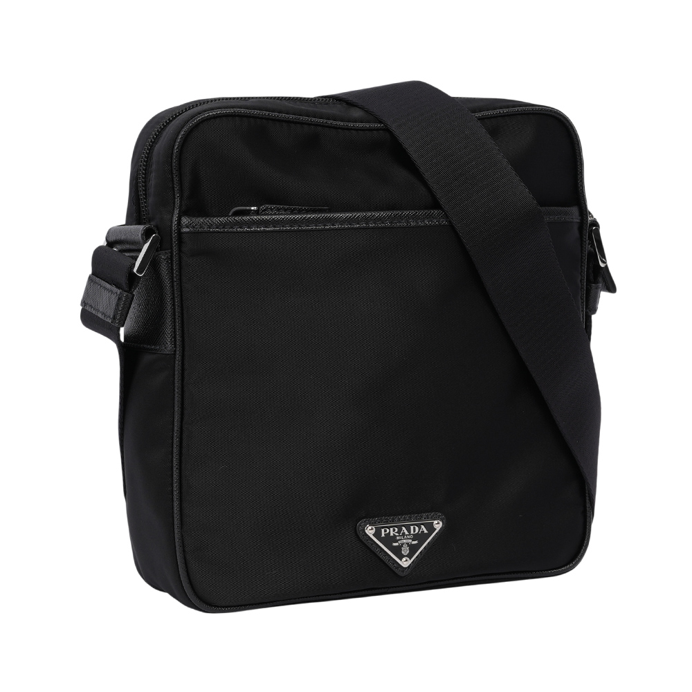 PRADA 刺繡及三角牌Logo 雙面可用尼龍斜背包/黑色, , large