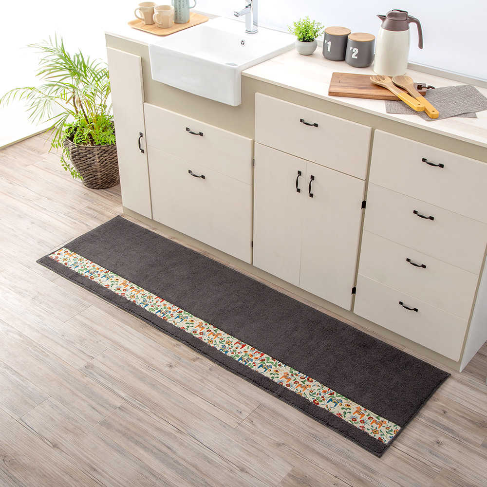 【HASHIZUME】Japan-Made Antibacterial & Deodorant Kitchen Mat 50×150cm – Dark Gray (Nordic-Style Lucky Horse / Non-Slip Design / Machine-Washable), , large