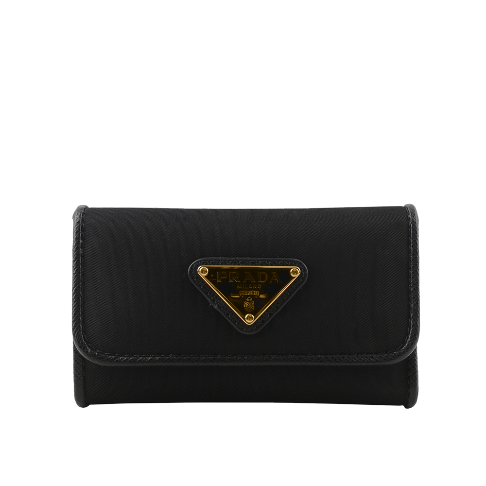 PRADA 金色三角牌Logo 尼龍壓釦六孔鑰匙包/黑色, , large
