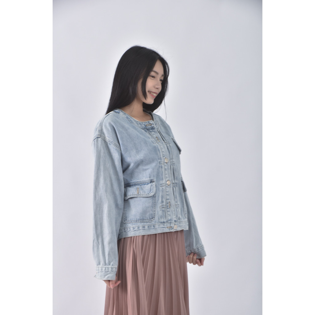 (M) dress room韓牌丹寧牛仔立領落肩藍色外套二手衣, , large