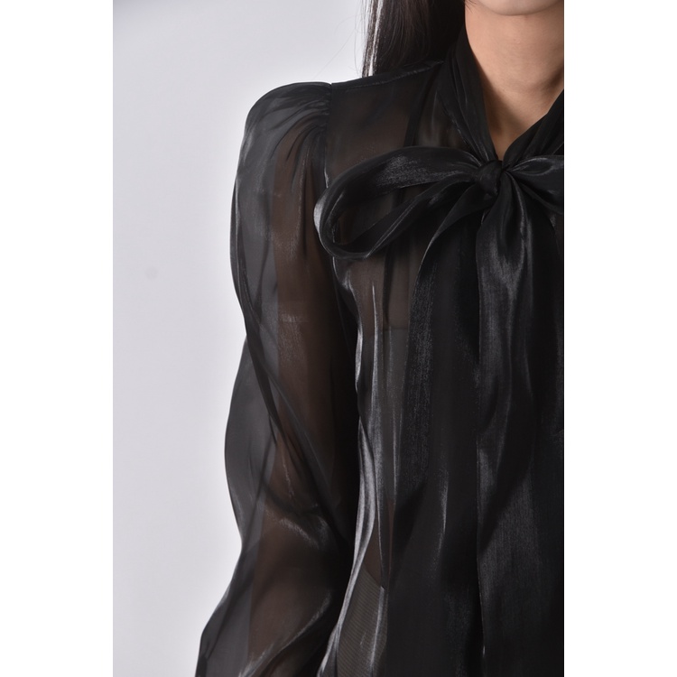 (S) 質感綁帶黑色長袖上衣二手衣, , large