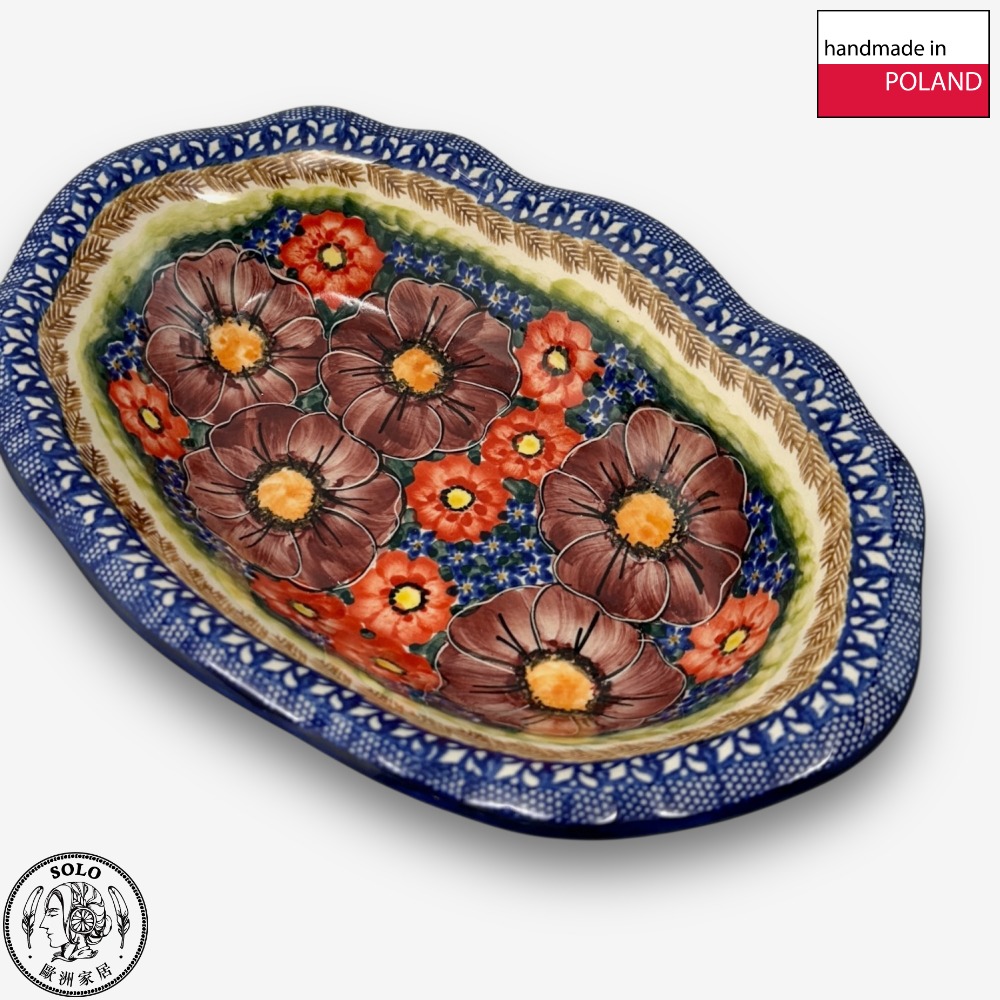 【SOLO Vintage】Cerraf Polish Pottery 26cm Oval Plate Banquet of Elegant Red Series Made in Poland, , large