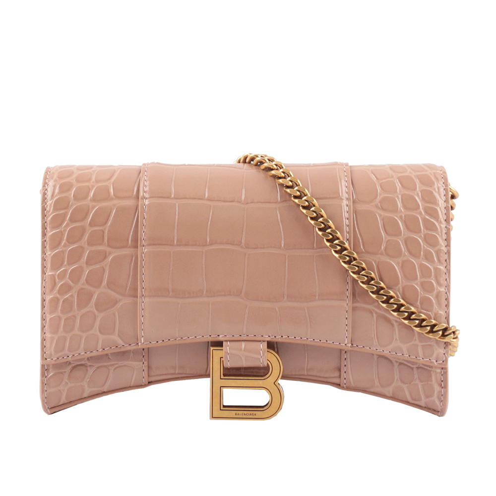 BALENCIAGA Hourglass 牛皮壓鱷魚紋皮夾式鏈包WOC/裸粉色, , large
