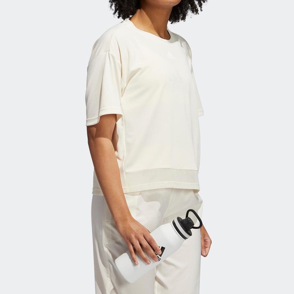 Adidas TRN T HEAT.RDY 女 短袖 上衣 透氣 反光細條 短版 愛迪達 米白 [GR8223], , large