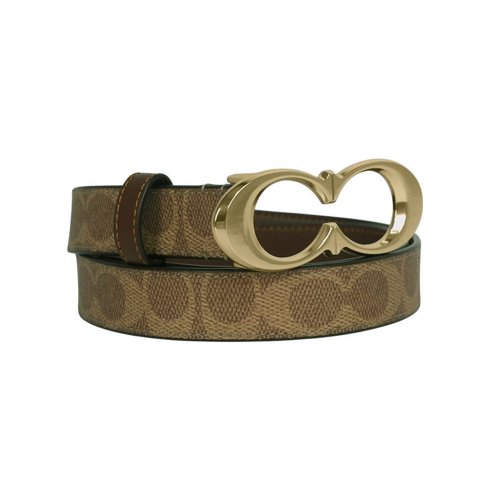 COACH 金色CC Logo 帆布及牛皮寬2.5cm皮帶 M/焦糖/棕色, , large