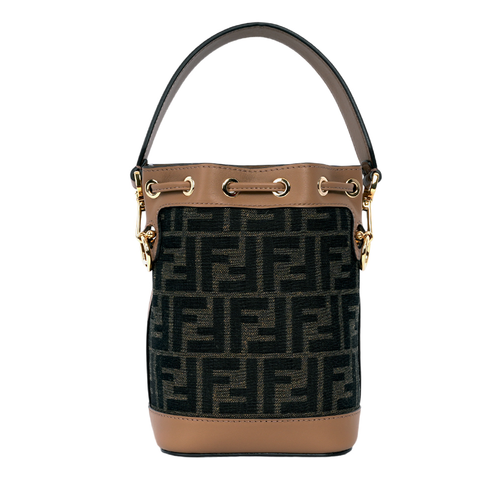 FENDI MON TRESOR FF Logo 緹花及皮革二用迷你水桶包/棕色, , large