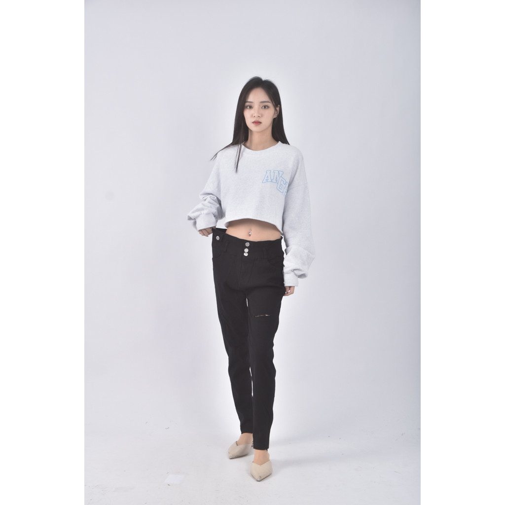 (2XL) 高腰丹寧牛仔質感黑色長褲二手衣, , large