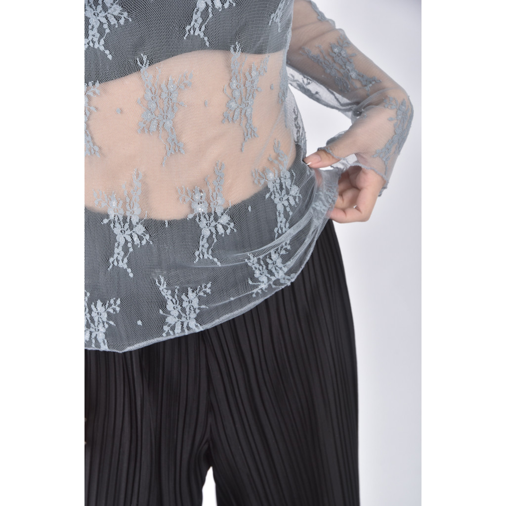 (S) vee miny質感蕾絲藍色長袖上衣二手衣, , large