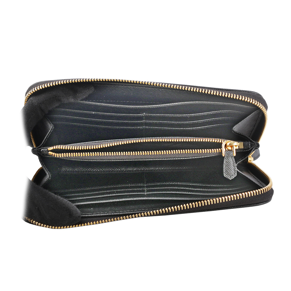 PRADA 金色三角牌Logo 尼龍ㄇ型拉鏈長夾/黑色, , large