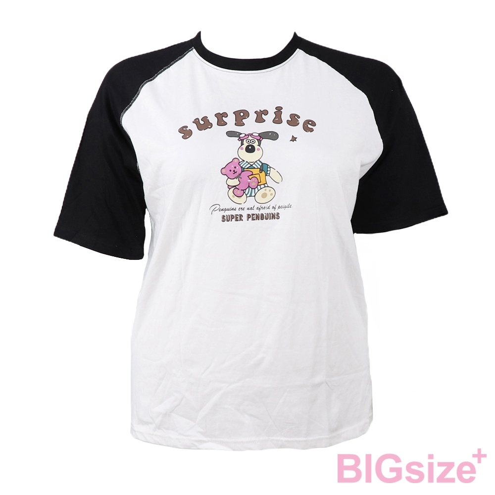 大尺碼-卡通印花 插肩 圓領T恤-白/粉-0101153, , large