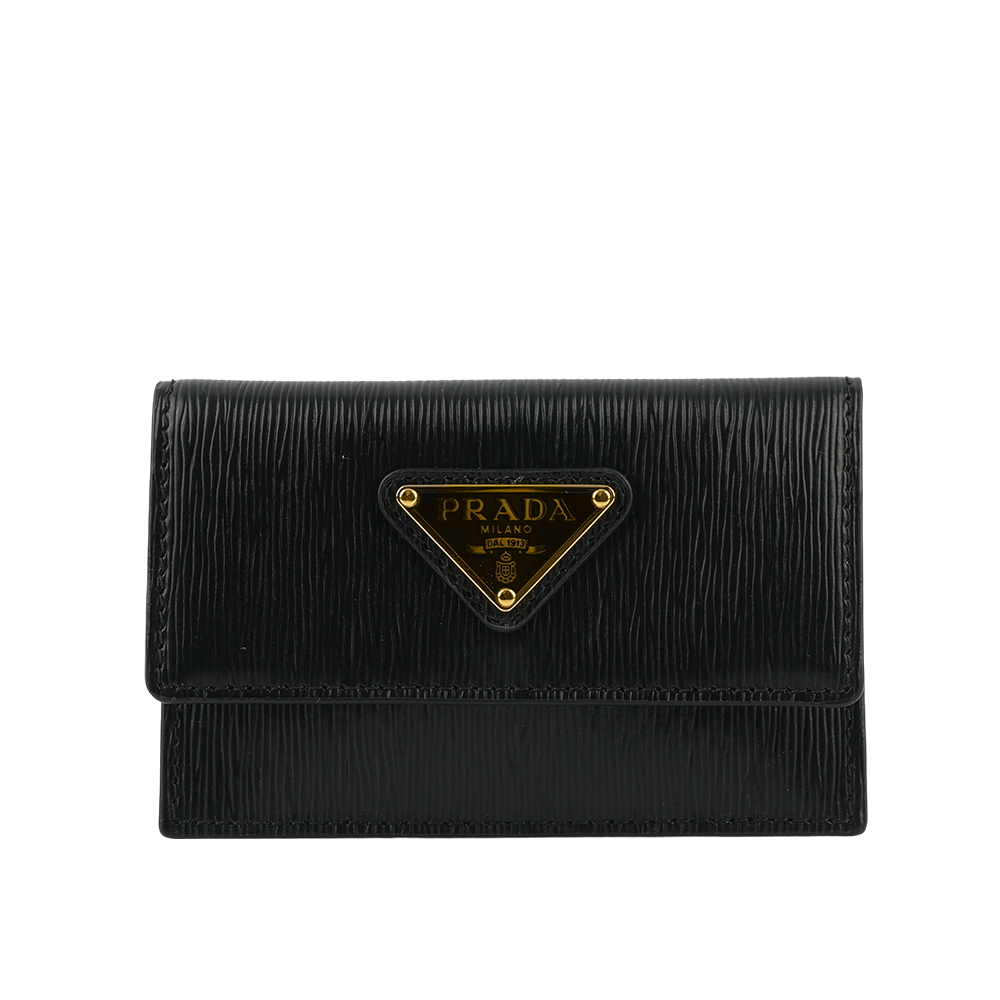 PRADA 三角牌Logo 水波紋皮革釦式卡片夾/名片夾/黑色, , large