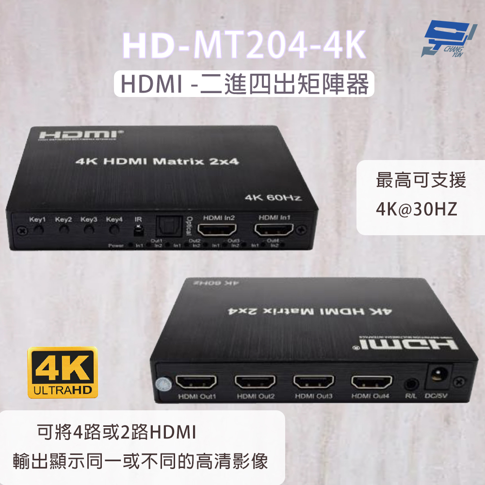 昌運監視器 HD-MT204-4K  4K HDMI二進四出矩陣器 可將4路HDMI輸出顯示同一或不同的高清影像, , large