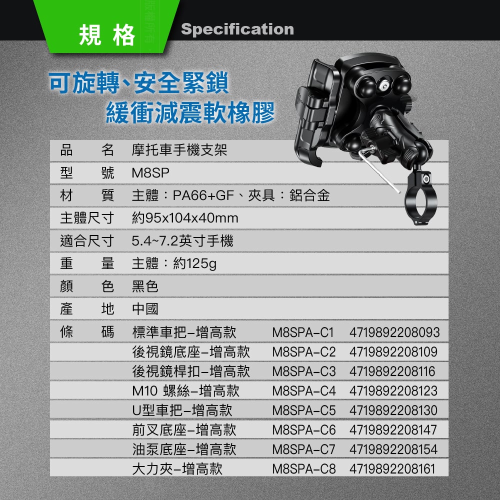 KEWIG 凱威格 M8SPA-C1 標準把手 機車手機架 升級制震 鋁合金面板 工廠直營 原廠公司貨 安全快扣 輕鬆取放, , large