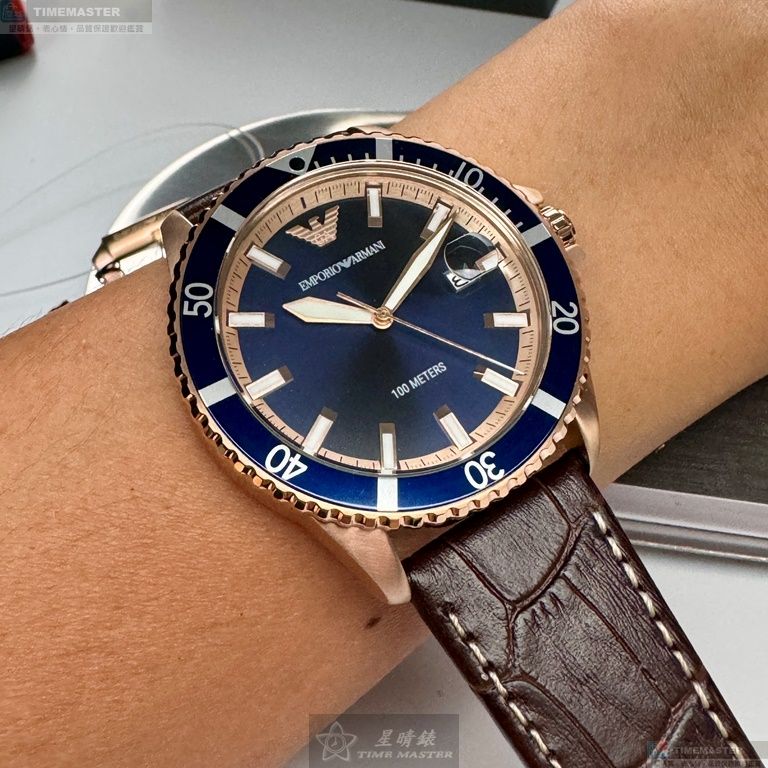 [星晴錶業]ARMANI手錶,42mm,AR00047寶藍色錶面玫瑰金錶殼咖啡色真皮皮革錶帶款, , large