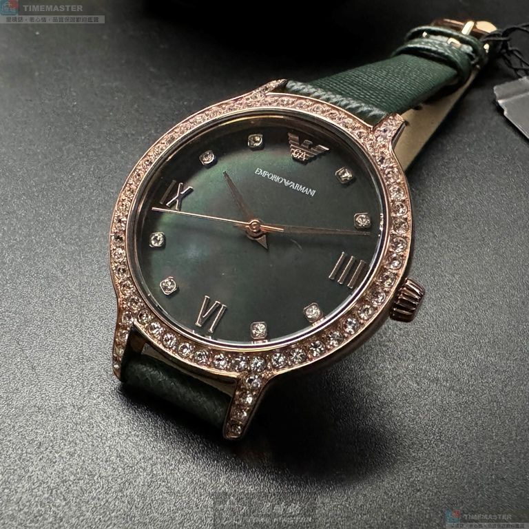 [星晴錶業]ARMANI手錶,32mm,AR00072墨綠色錶面玫瑰金錶殼綠真皮皮革錶帶款, , large