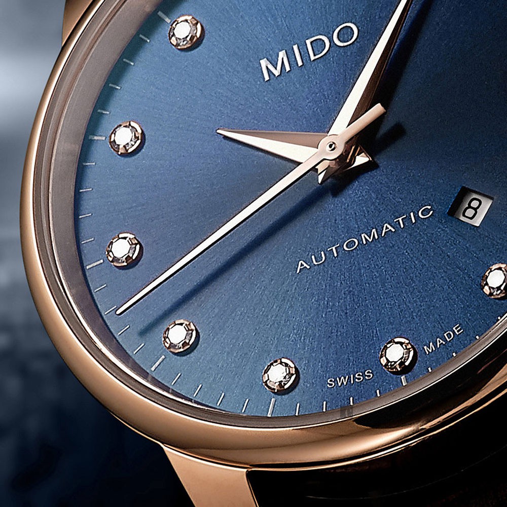 MIDO 美度 永恆系列午夜藍真鑽機械女錶-藍x咖啡錶帶/29mm M76003658, , large