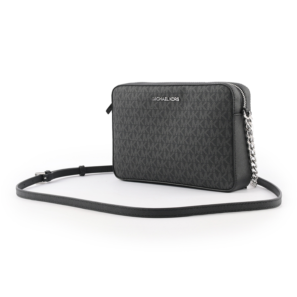 Michael Kors 銀字滿版LOGO拚色方形鏈帶斜背包/黑色, , large
