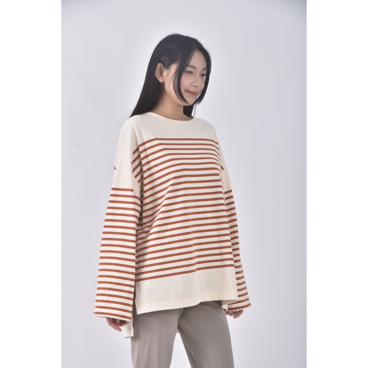 (F) discoat條紋橘色長袖上衣二手衣, , large