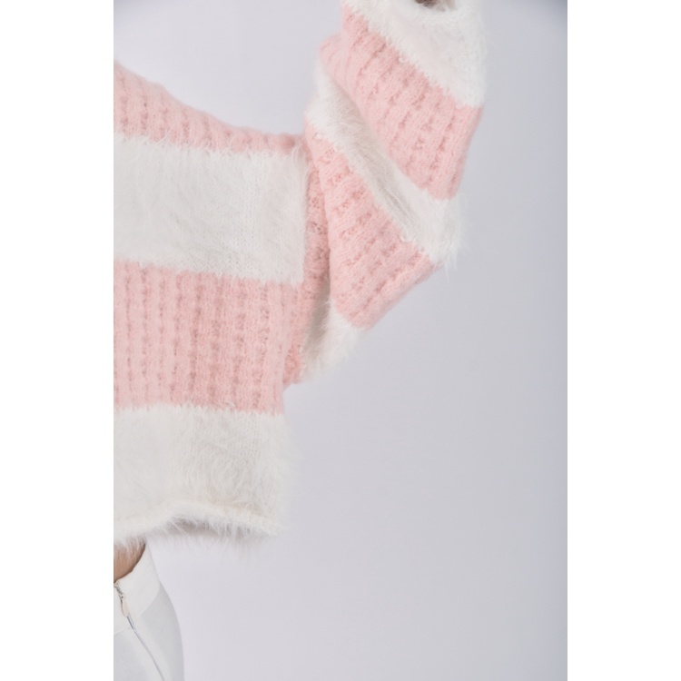 (F) endolphin韓牌質感修身短版條紋粉色長袖上衣二手衣, , large