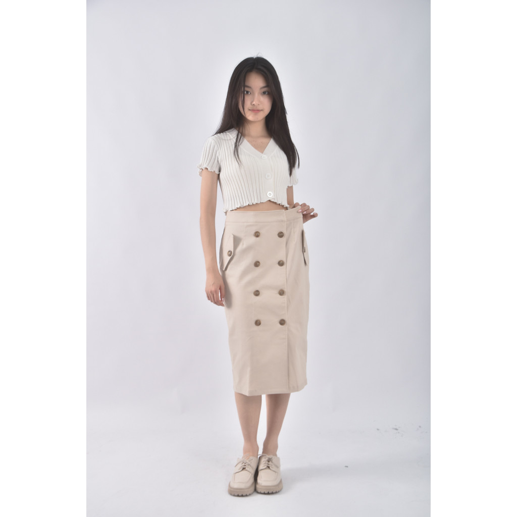 (M) 排扣杏色長裙二手衣, , large