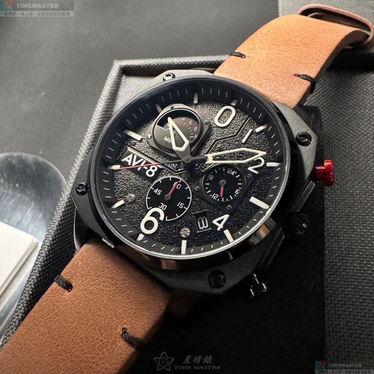 [星晴錶業]新品牌手錶,46mm,AV50631黑色錶面黑錶殼咖啡色真皮皮革錶帶款, , large