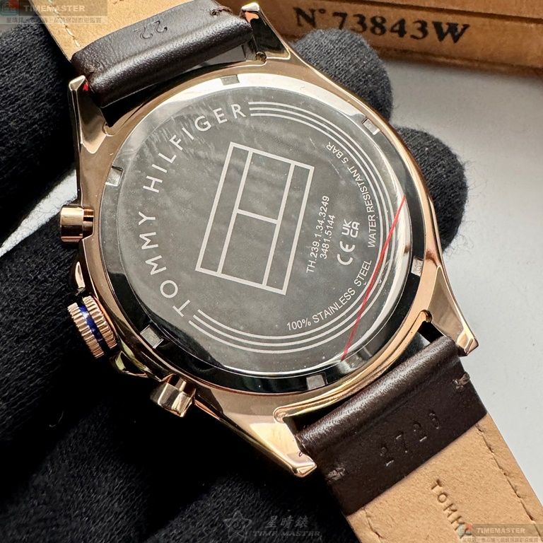 [星晴錶業]TommyHilfiger手錶,46mm,TH00053銀白錶面寶藍錶殼咖啡色真皮皮革錶帶款, , large