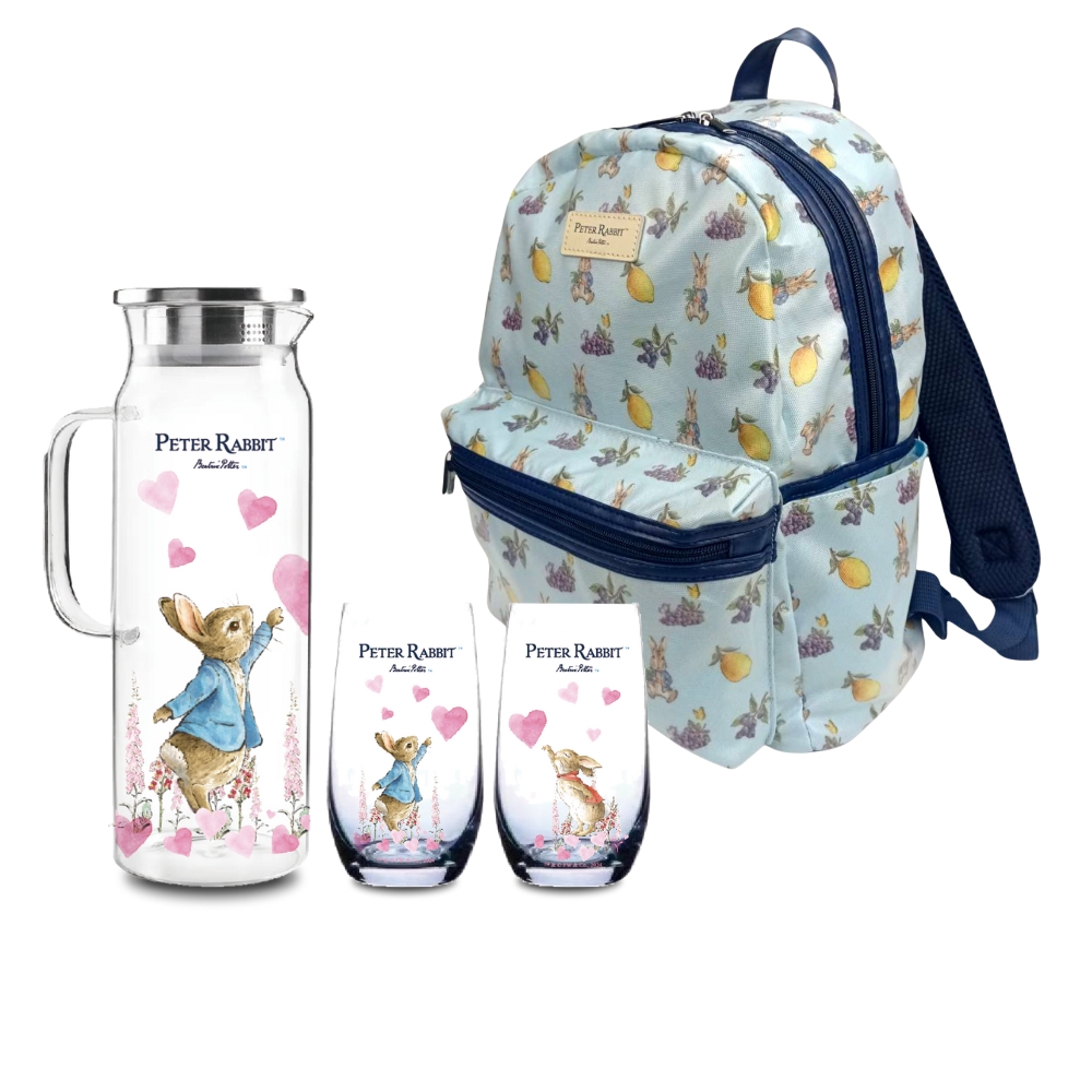 【世豐】比得兔 耐熱玻璃冷水壺及水杯3件組＿心心相印+後背包 ( 過夜包 防潑水 出國 出差 旅行 露營), , large