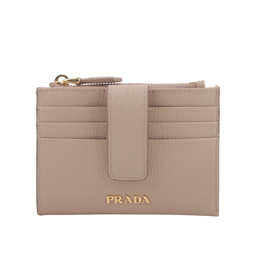 PRADA 金色Logo 水波紋釦式卡夾/拉鍊零錢包/藕粉色, , large
