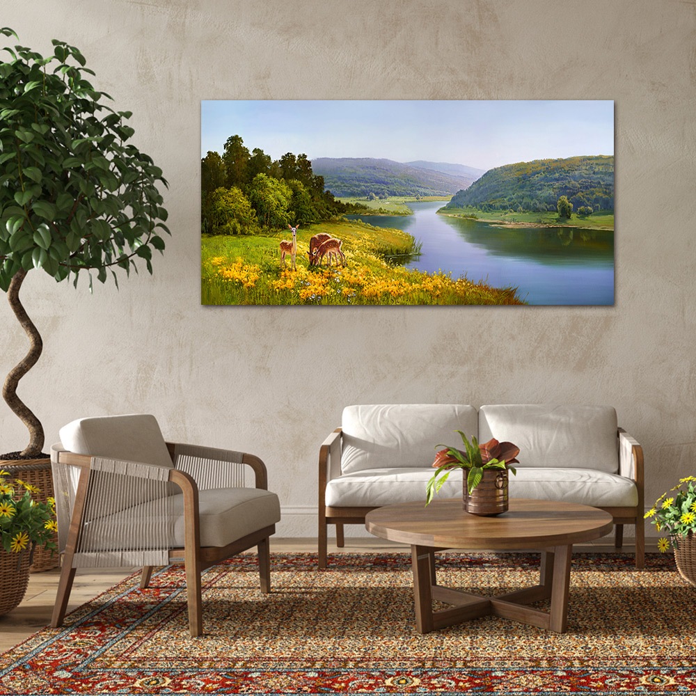 【御畫房】湖畔小鹿 國家一級畫師手繪油畫60&times;120cm(VF-120), , large