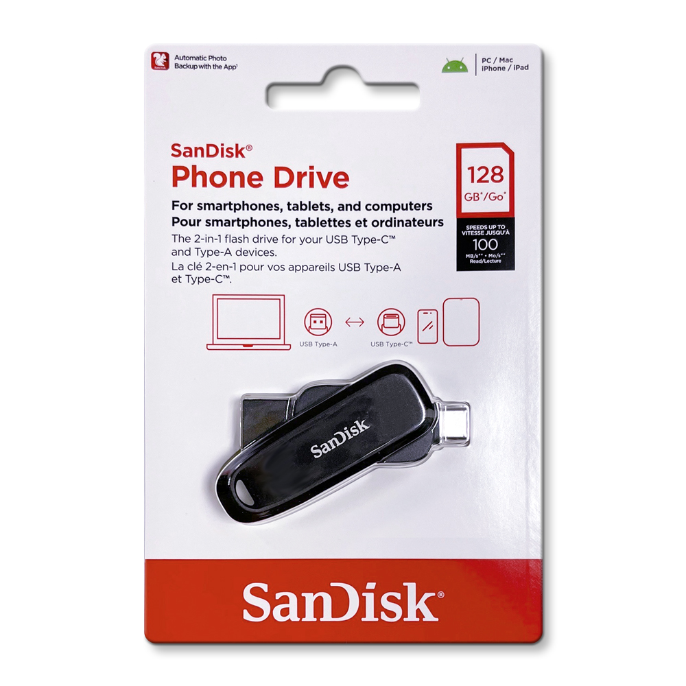 【SanDisk】Phone Drive DDC6 黑色 128G TYPE-C USB 3.2 雙用 OTG 旋轉隨身碟 讀取速度 100MB/s, , large