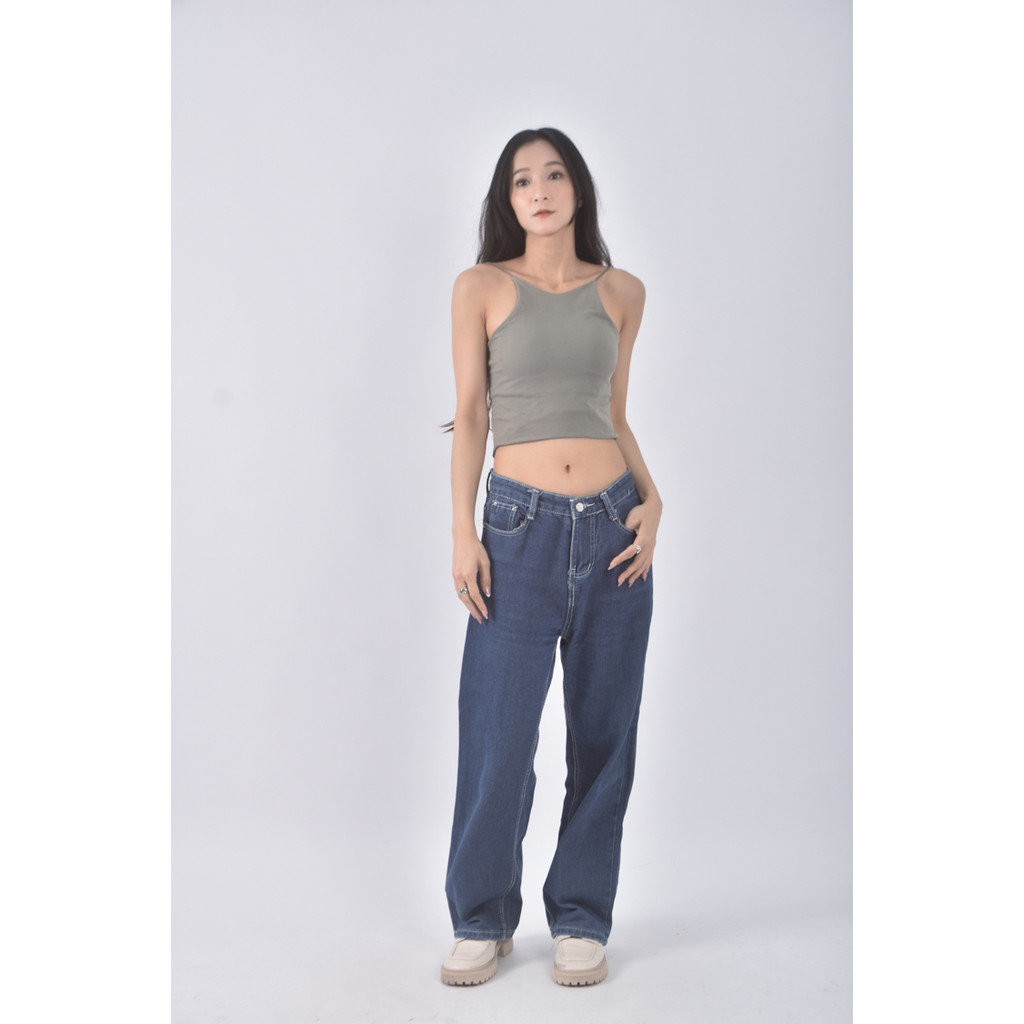 (L) jeans高腰丹寧牛仔質感藍色長褲二手衣, , large