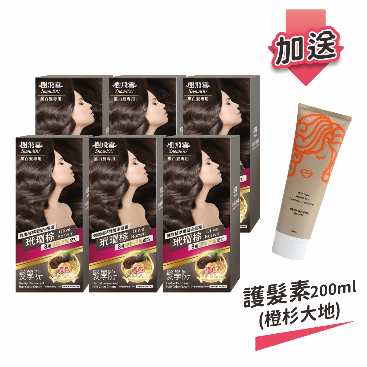 【樹飛雪】六入組 髮學院染髮劑 環保簡易包(黑白髮專用 玳瑁棕) 加送贈品 護髮素200ml (橙杉大地), , large