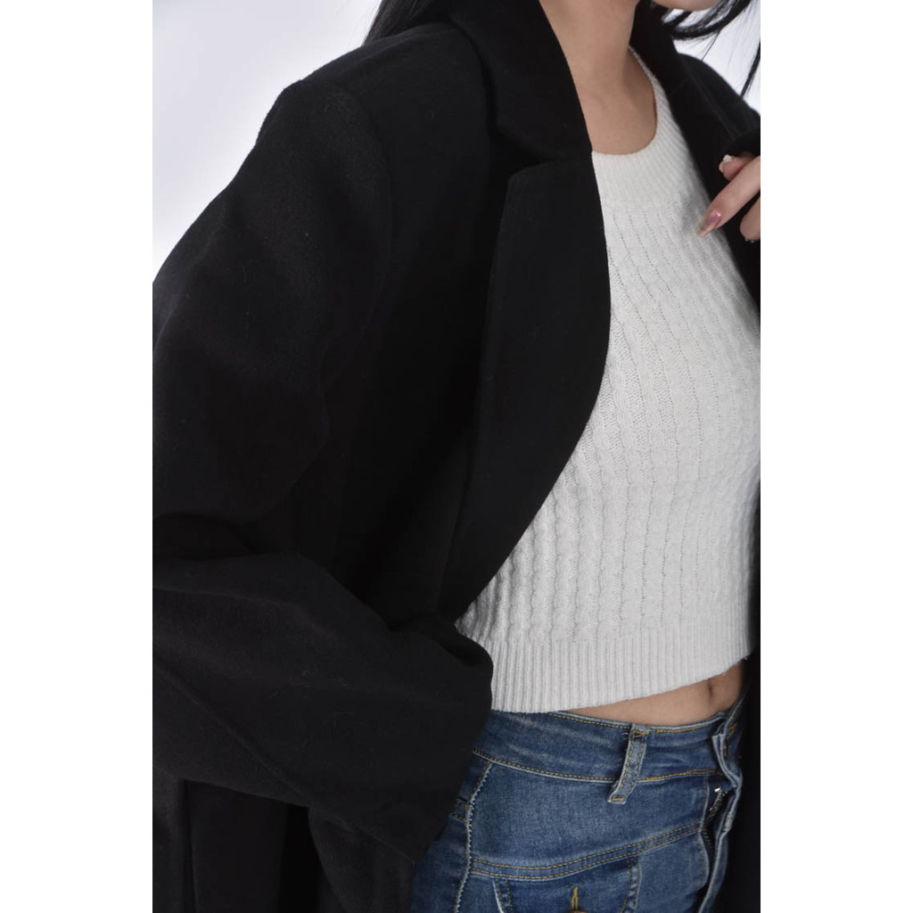 (F) 質感羊毛素面黑色外套二手衣, , large