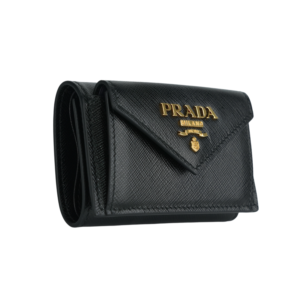 PRADA 浮雕Logo防刮皮革信封造型迷你三折短夾/黑色, , large