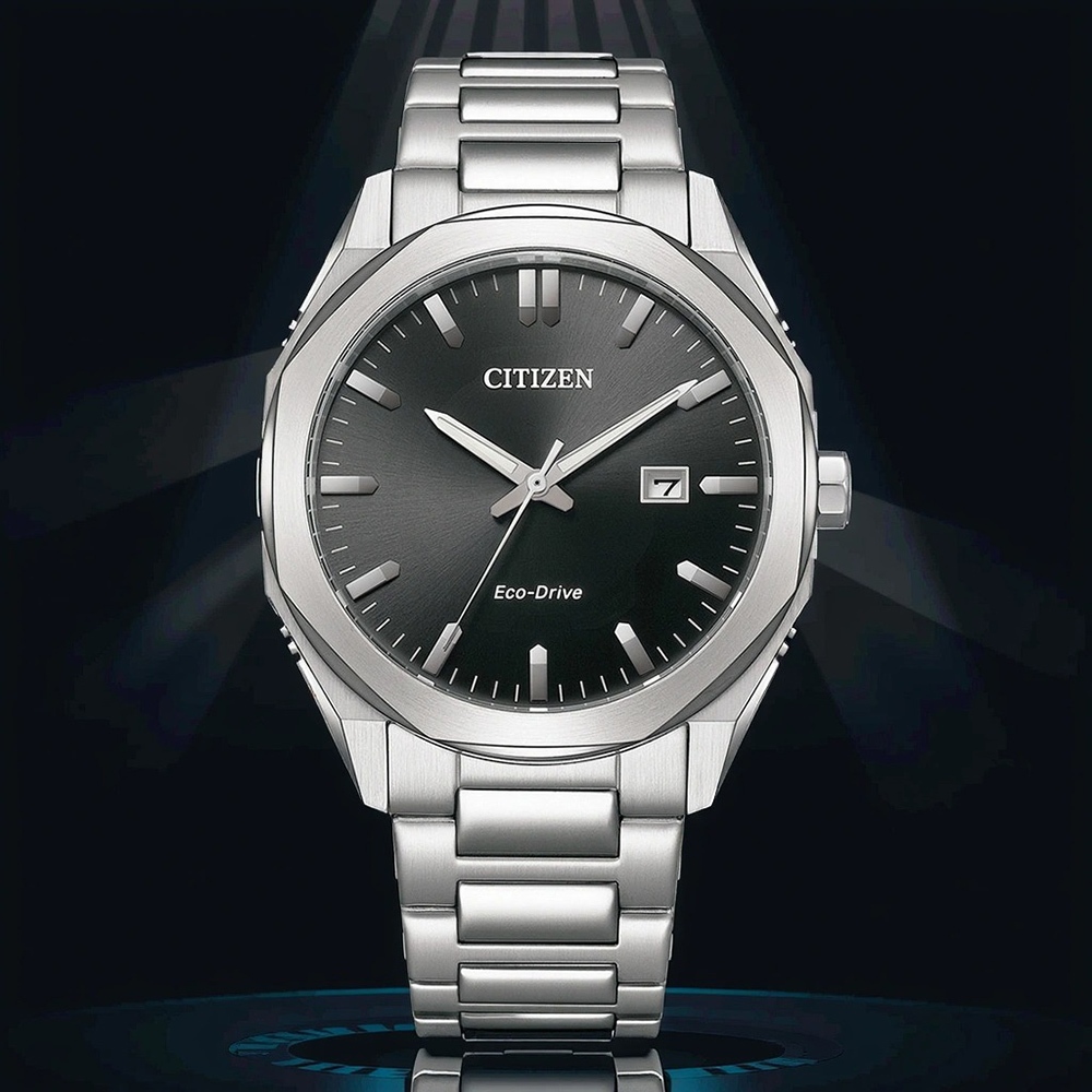 CITIZEN 星辰 光動能八角形經典大三針手錶 送禮推薦-銀x黑/41mm BM7600-81E, , large