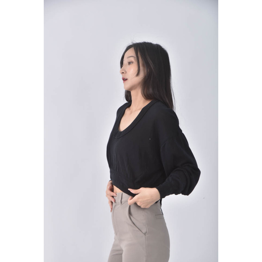 (M) 綁帶 、落肩黑色長袖上衣二手衣, , large