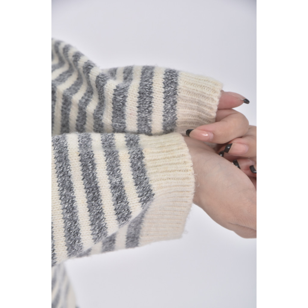 (XL) 質感針織連帽條紋灰色長袖上衣二手衣, , large